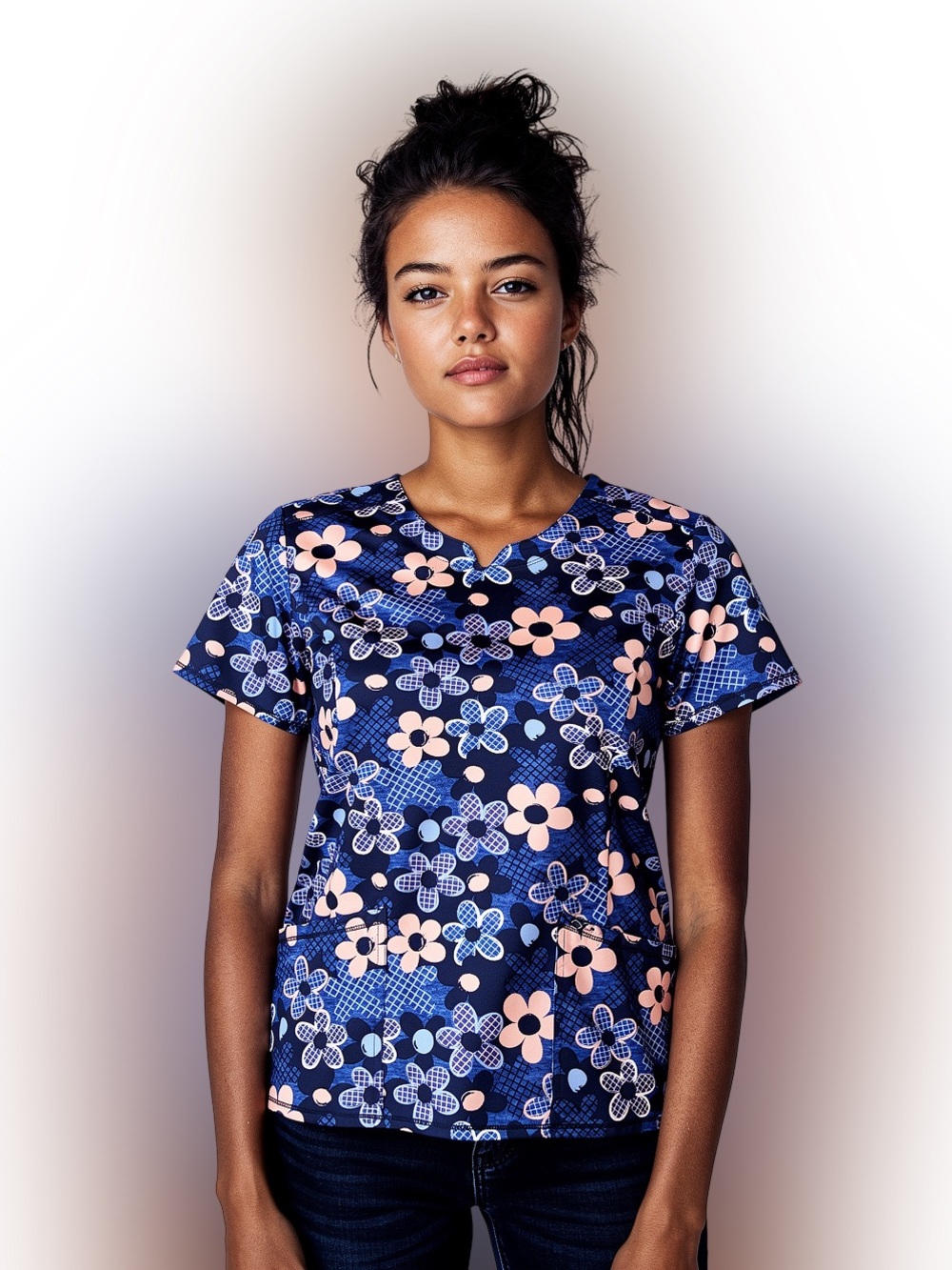 Infinity by Cherokee Navy Floral Scrub Top & Bottoms - Pink & Light Blue Flowers